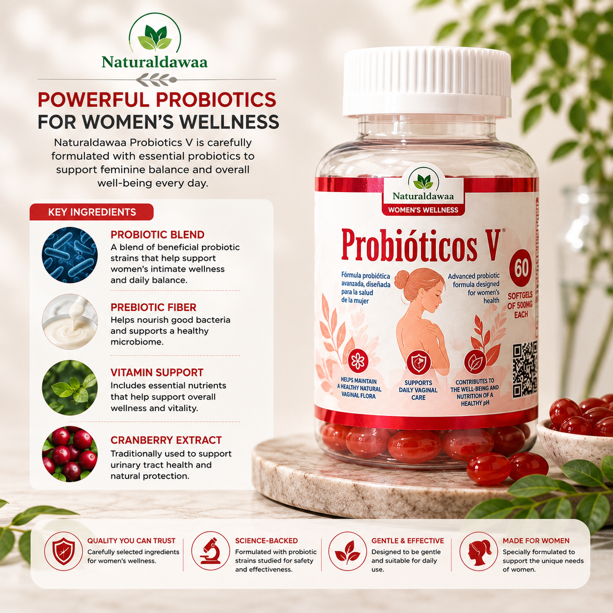 Women’s Probiotic Supplement, Daily Feminine Wellness and Intimate Flora Support, 60 Softgels, 500 mg Each