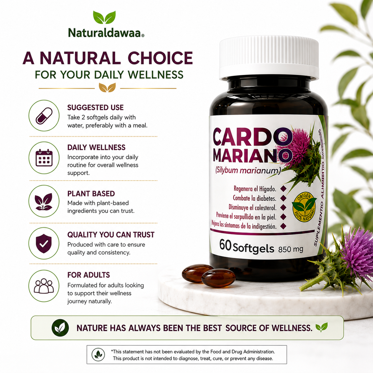 Cardo Mariano (Milk Thistle) Herbal Supplement – 60 Softgels, 850 mg