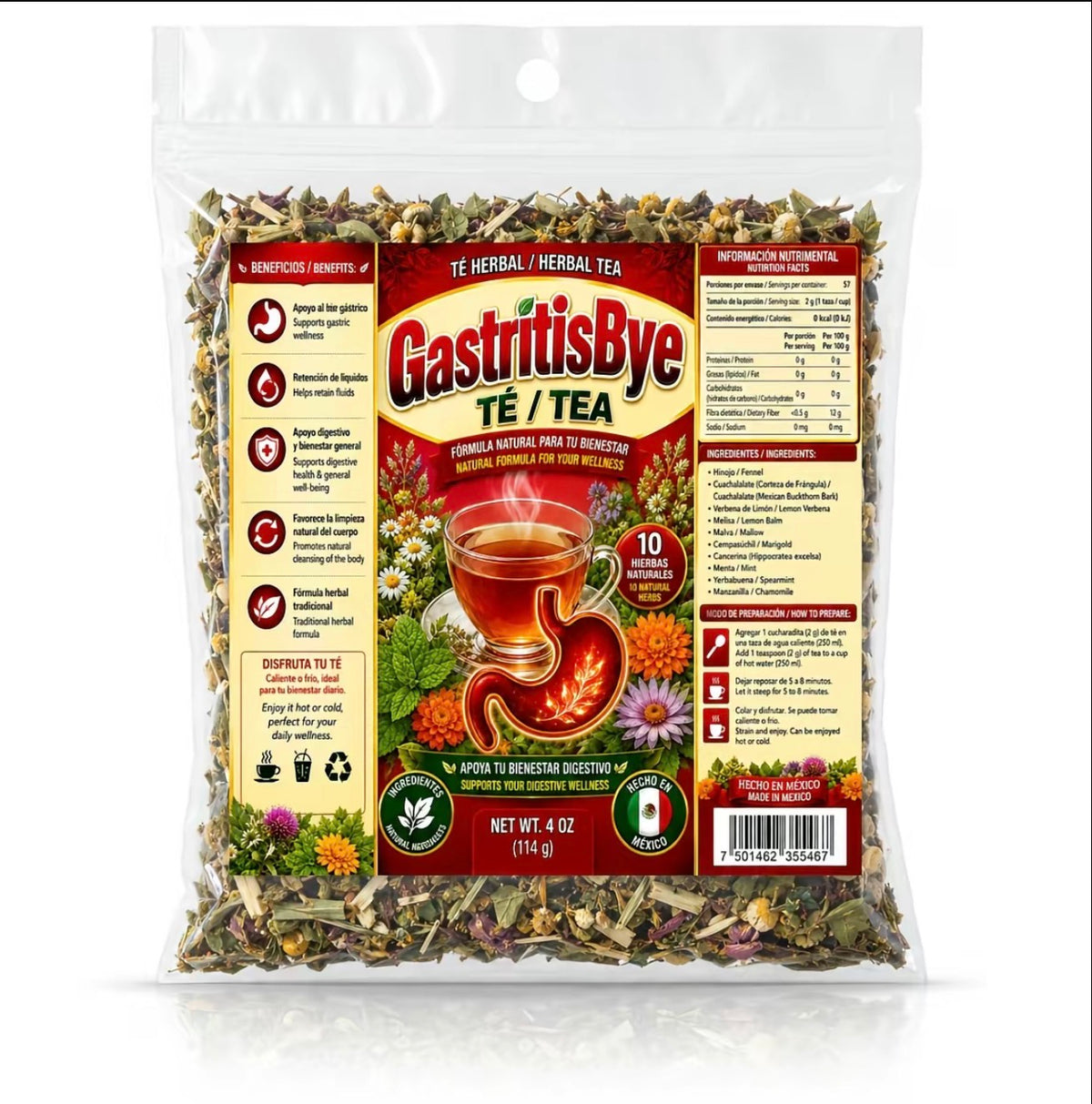 GastritisBye Herbal Tea – Traditional 10-Herb Loose-Leaf Blend with Fennel, Cuachalalate, Lemon Verbena, Mallow, Mint & Chamomile, 4 oz