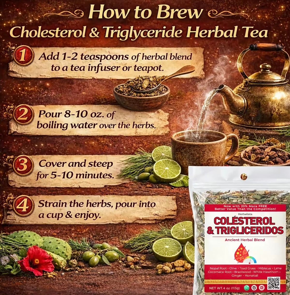 Herbalista Colesterol & Triglicéridos Ancient Herbal Blend – Nopal Root, Hibiscus, Ginger, Horsetail & More, Extra Jumbo 5 oz