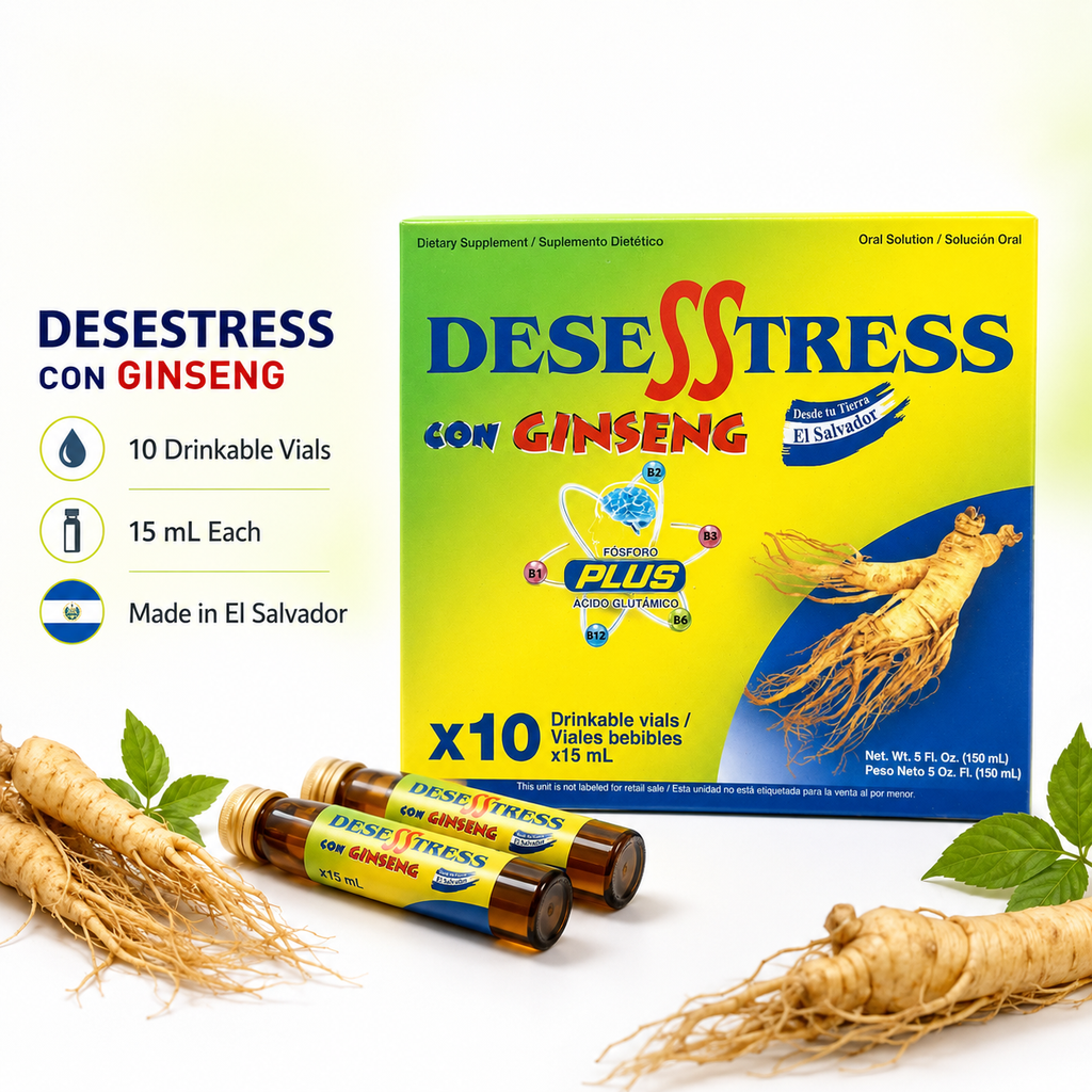 DeseStress con Ginseng Oral Dietary Supplement – Vitamins B1, B2, B3, B6 and B12, 10 Drinkable Vials, 15 mL Each