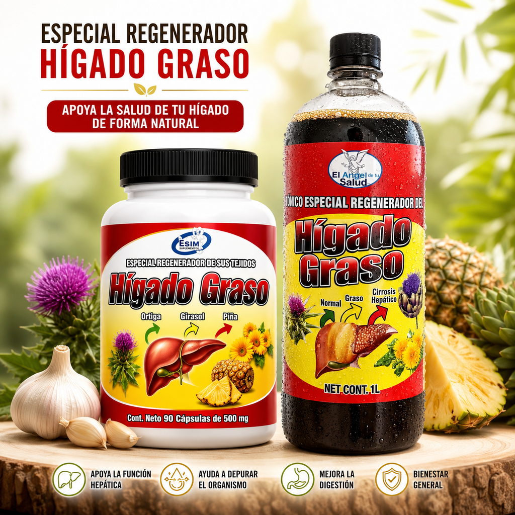 Combo Offer! Higado Graso Herbal Wellness, ESIM 90 Capsules 500 mg Each with El Angel de tu Salud Botanical Tonic, 1 Liter, 2-Piece Set