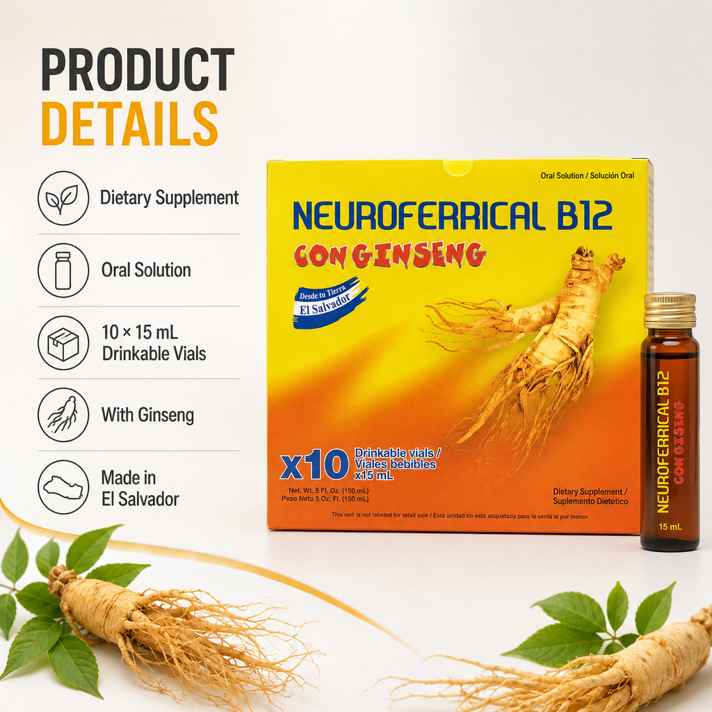 Neuroferrical B12 con Ginseng Oral Dietary Supplement – 10 Drinkable Vials, 15 mL Each, 150 mL Total