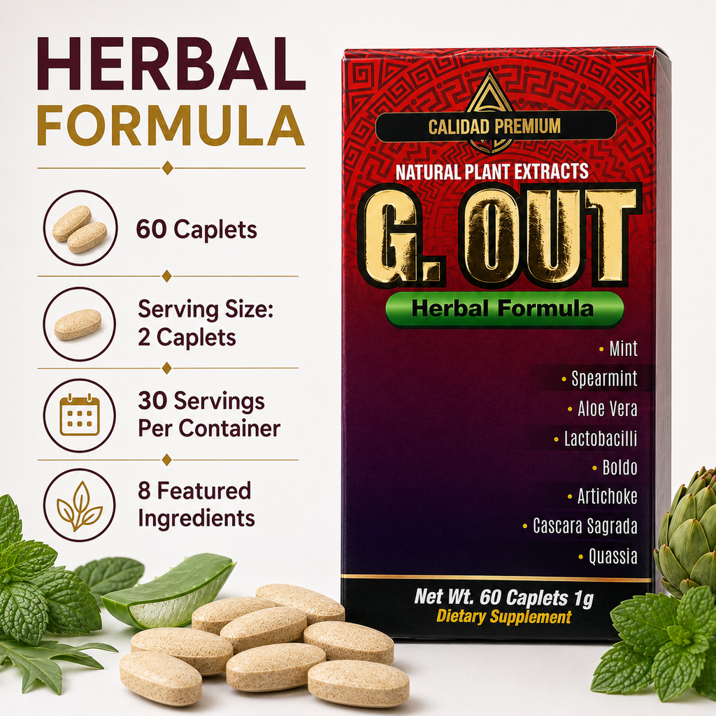 G. OUT Herbal Formula Natural Plant Extract Dietary Supplement – 60 Caplets, 1 g – Mint, Aloe Vera, Artichoke, Boldo & Lactobacilli