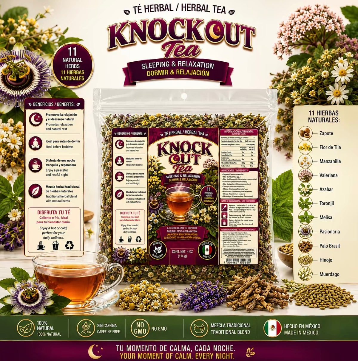 Knock Out Tea Nighttime Herbal Tea – Traditional 11-Herb Loose-Leaf Blend with Valerian, Passionflower, Linden, Orange Blossom & Lemon Balm, 4 oz