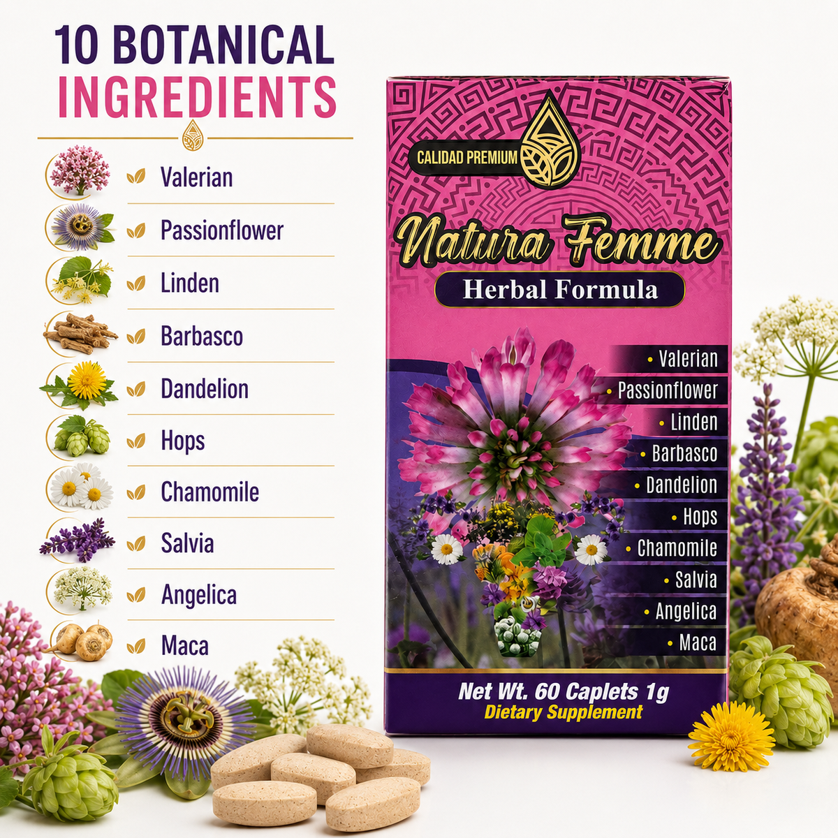 Natura Femme Herbal Formula Dietary Supplement – 60 Caplets, 1 g – 10-Botanical Blend with Valerian, Passionflower, Chamomile, Maca & Angelica