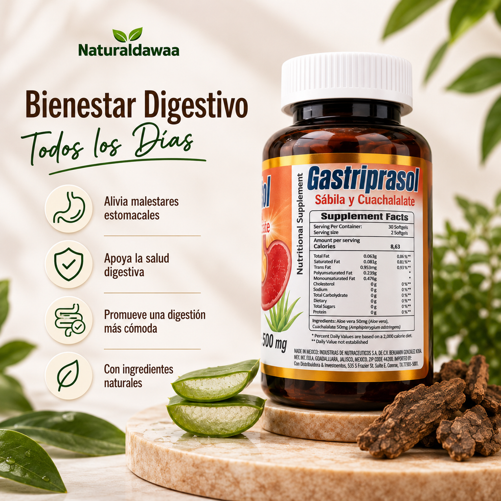 Gastropasol with Aloe Vera and Cuachalalate, Herbal Digestive Wellness Supplement, 60 Softgels, 500 mg Each