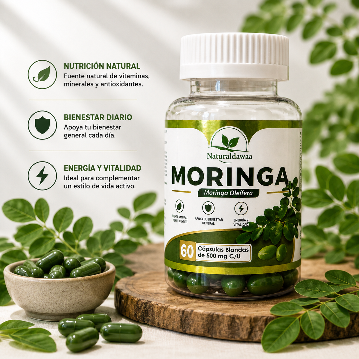 Moringa Oleifera Dietary Supplement, 60 Soft Capsules, 500 mg Each, Plant-Based Daily Wellness Support