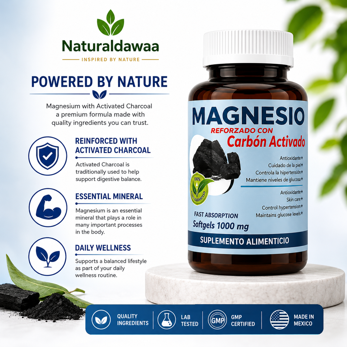 Magnesium with Activated Charcoal Dietary Supplement, Fast-Absorption Softgel Formula, 1,000 mg