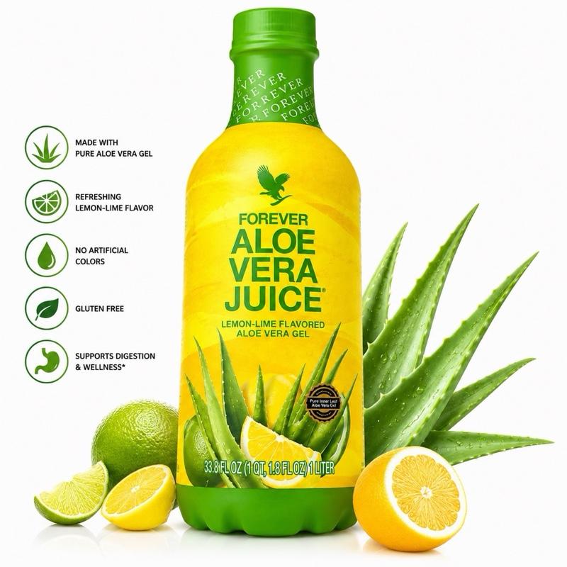 Forever Aloe Vera Juice Lemon-Lime Drink – Refreshing Aloe Vera Gel Beverage with Natural Citrus Flavor, 33.8 fl oz (1 Liter) Wellness Drink