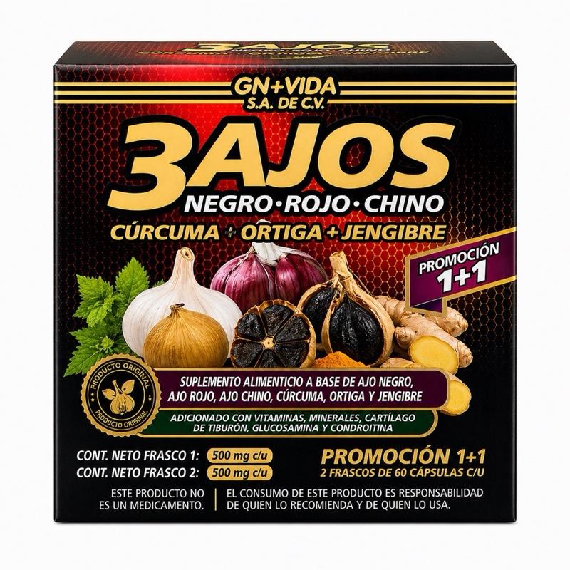 3 Ajos Complex 500mg Garlic Blend Capsules | Black, Red & Chinese Garlic with Turmeric, Nettle & Ginger | Gluten-Free Supplement