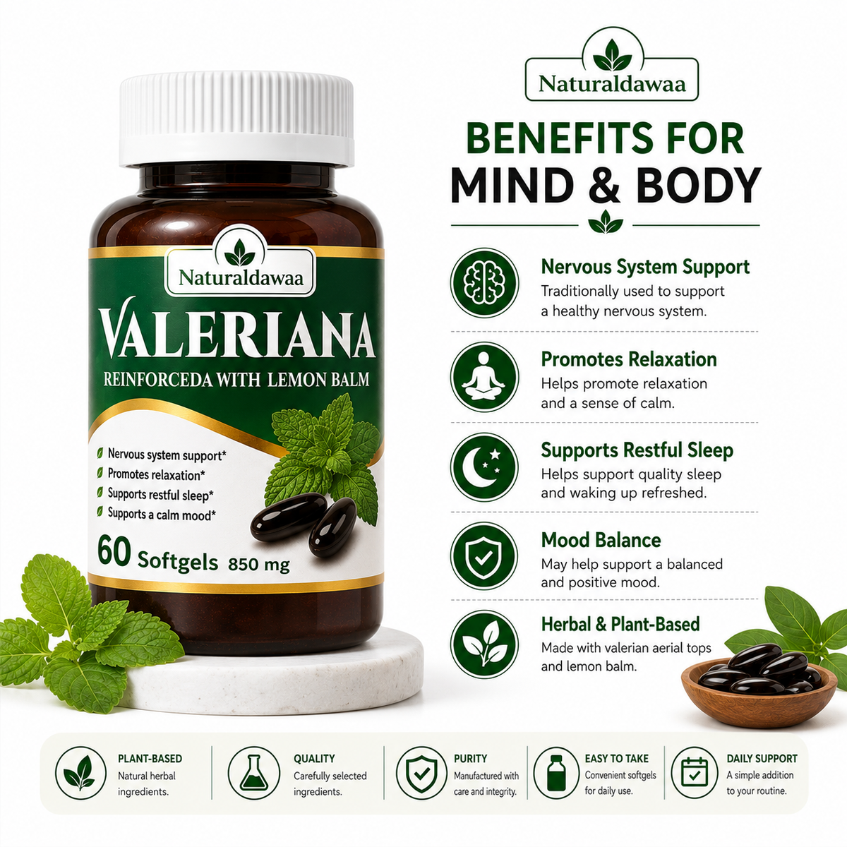 Valerian Root with Lemon Balm Supplement, Relaxation and Restful Sleep Support, Plant-Based Formula, 60 Softgels, 850 mg