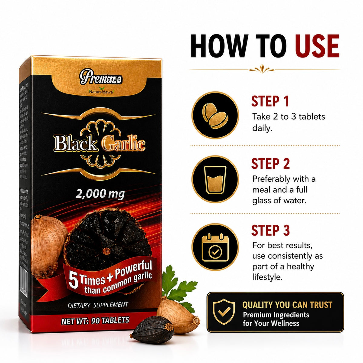 Premano Black Garlic Dietary Supplement, Concentrated 2,000 mg Formula, Daily Wellness Support, 90 Tablets