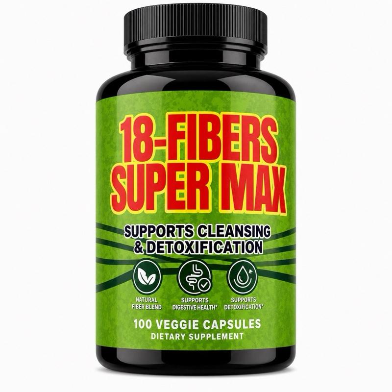 18-Fibers Super Max Detox & Colon Cleanse Supplement with 100 Veggie Capsules for Digestive Health & Fiber Blend Support, Gluten-Free, Lactose-Free