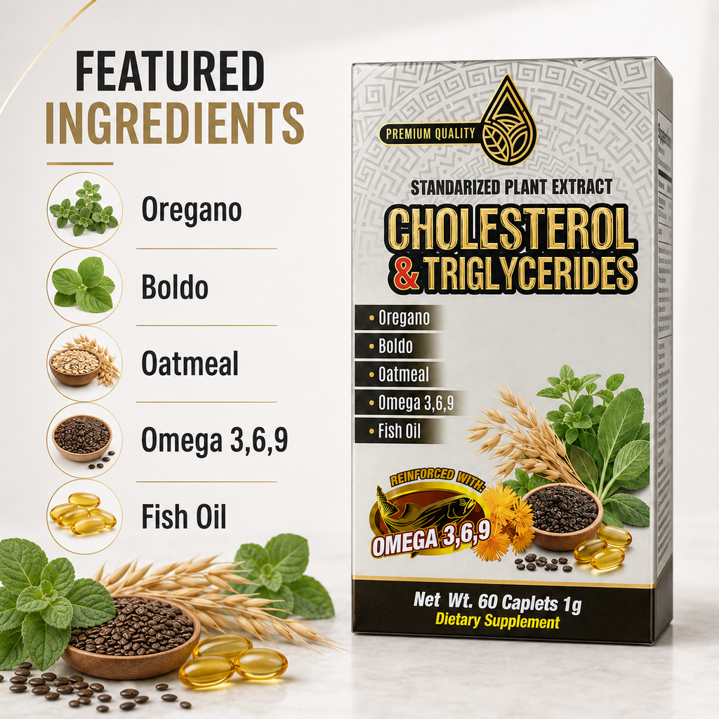 Cholesterol & Triglycerides Standardized Plant Extract Dietary Supplement – 60 Caplets, 1 g – Oregano, Boldo, Oatmeal, Omega 3-6-9 & Fish Oil