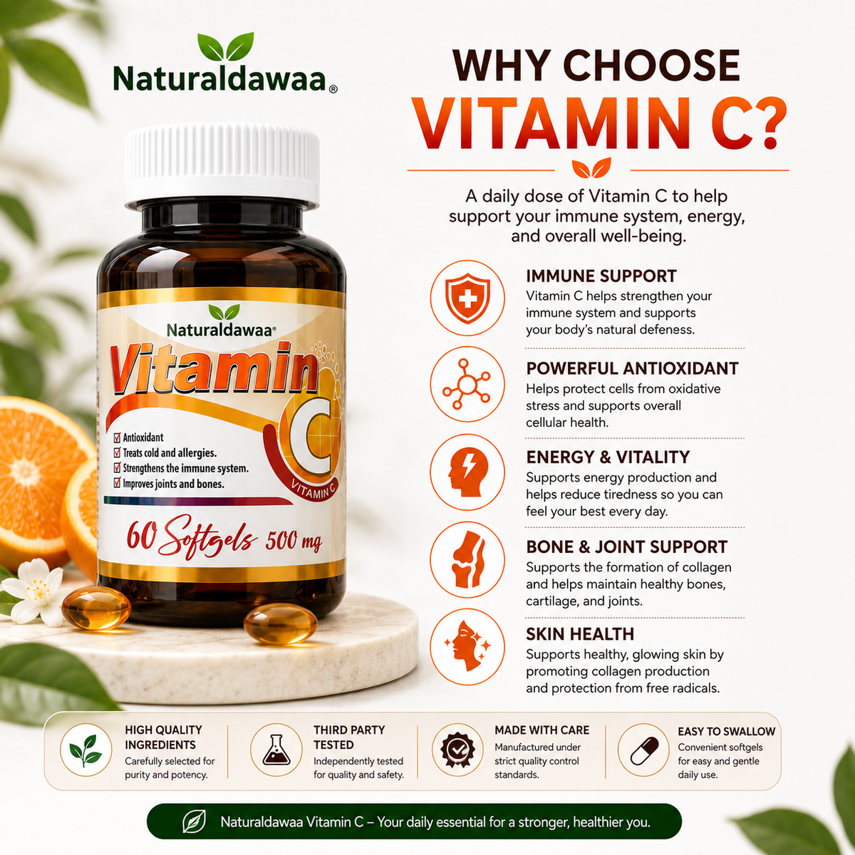 Vitamin C Dietary Supplement, Antioxidant and Immune Wellness Support, 60 Softgels, 500 mg Each