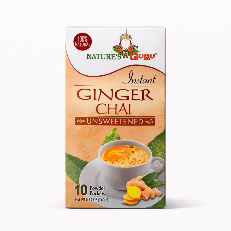 Nature's Guru Instant Ginger Chai Tea Drink Mix Unsweetened, 10 Single Serve Packets, Instant Indian Chai Beverage, On-the-Go Powder Mix with Ginger & Cardamom
