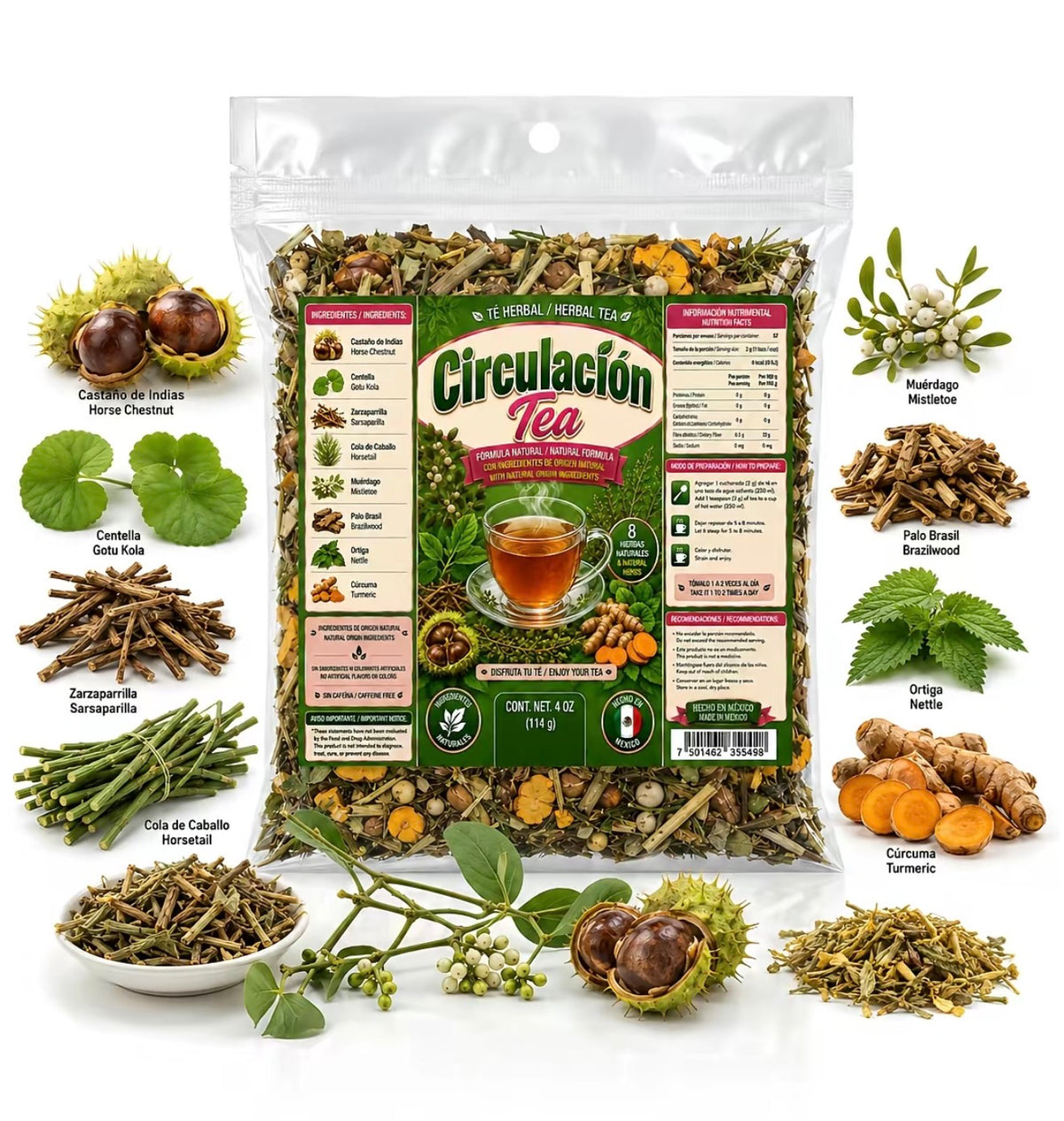 Circulación Tea Herbal Tea – Traditional 8-Herb Loose-Leaf Blend with Horse Chestnut, Gotu Kola, Sarsaparilla, Horsetail, Nettle & Turmeric, 4 oz