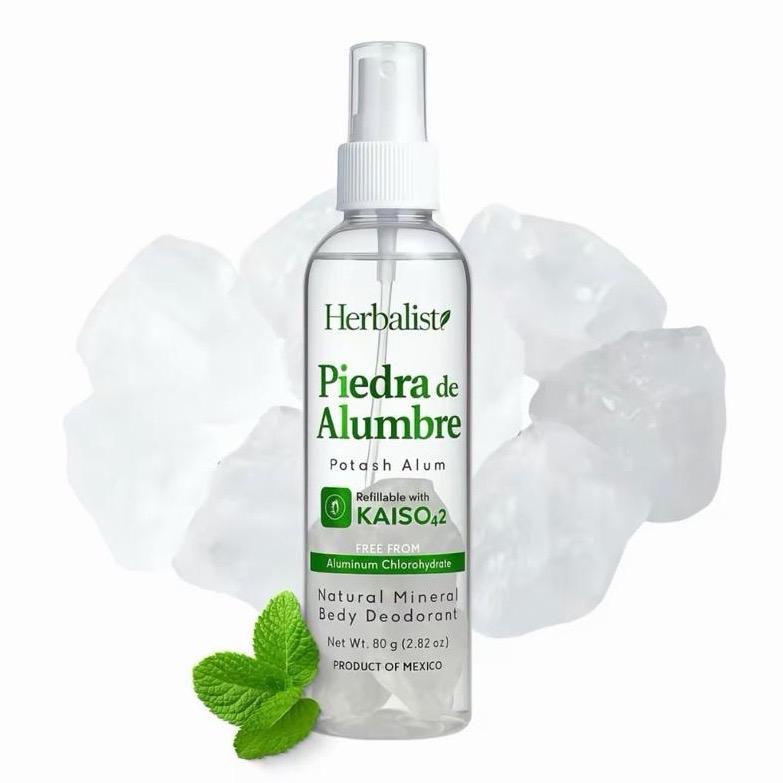 Herbalista Whole Body Natural Crystal Piedra Alumbre Deodorant Spray with Real Alum Stones, Refillable 80g (2.82 oz) for Women, Men & Teens