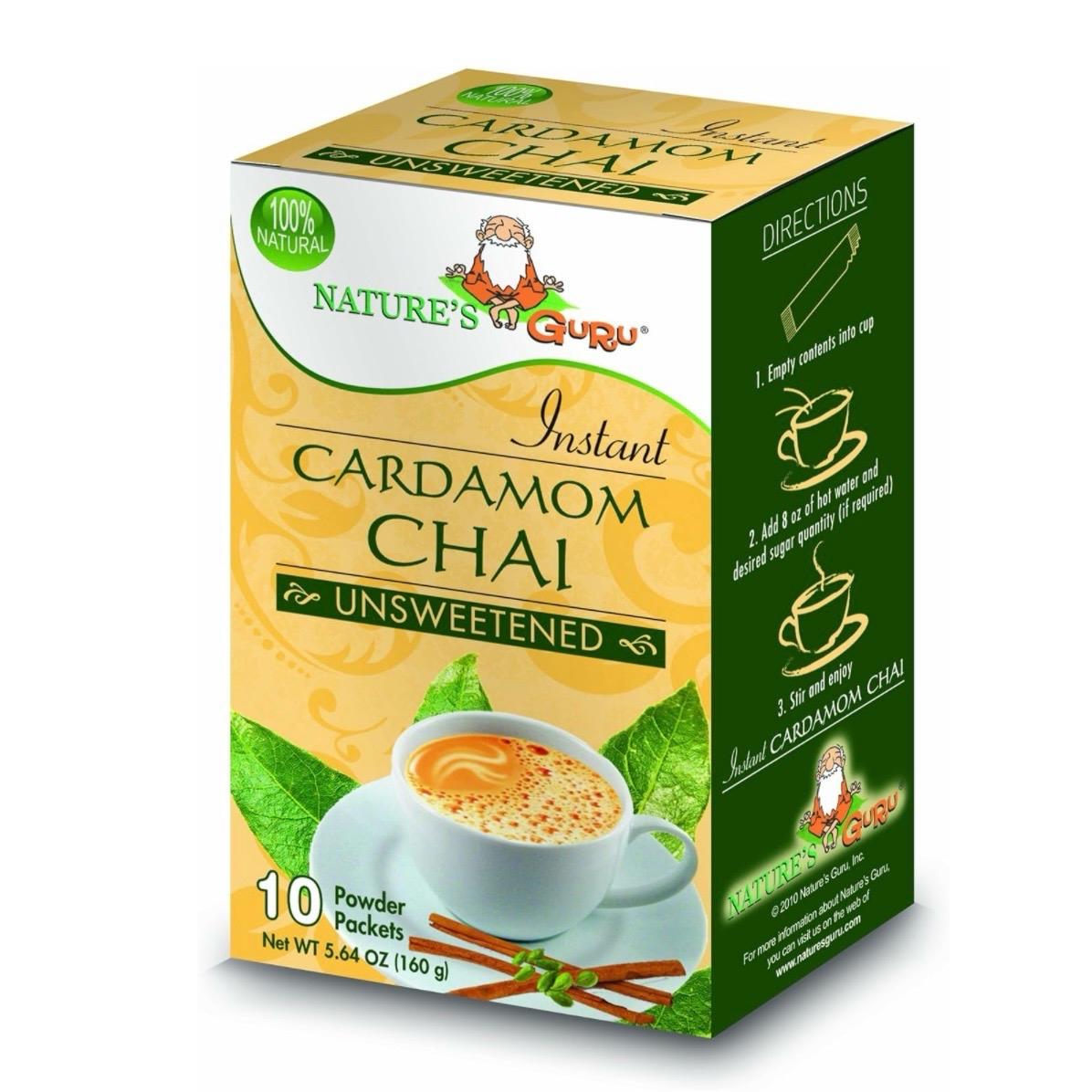 Nature's Guru Instant Cardamom Chai Tea Drink Mix, Unsweetened – 10 Single-Serve Packets