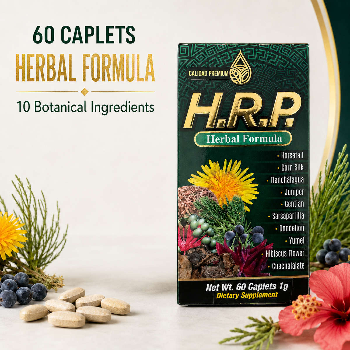 H.R.P. Herbal Formula Dietary Supplement – 60 Caplets, 1 g – Premium Mexican Herbal Blend with Horsetail, Corn Silk, Juniper, Dandelion & Hibiscus