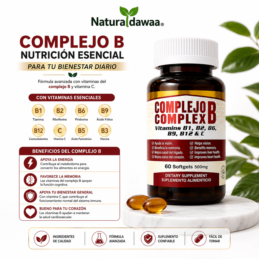 Vitamin B Complex with Vitamins B1, B2, B6, B9, B12 & Vitamin C – 60 Softgels, 500 mg