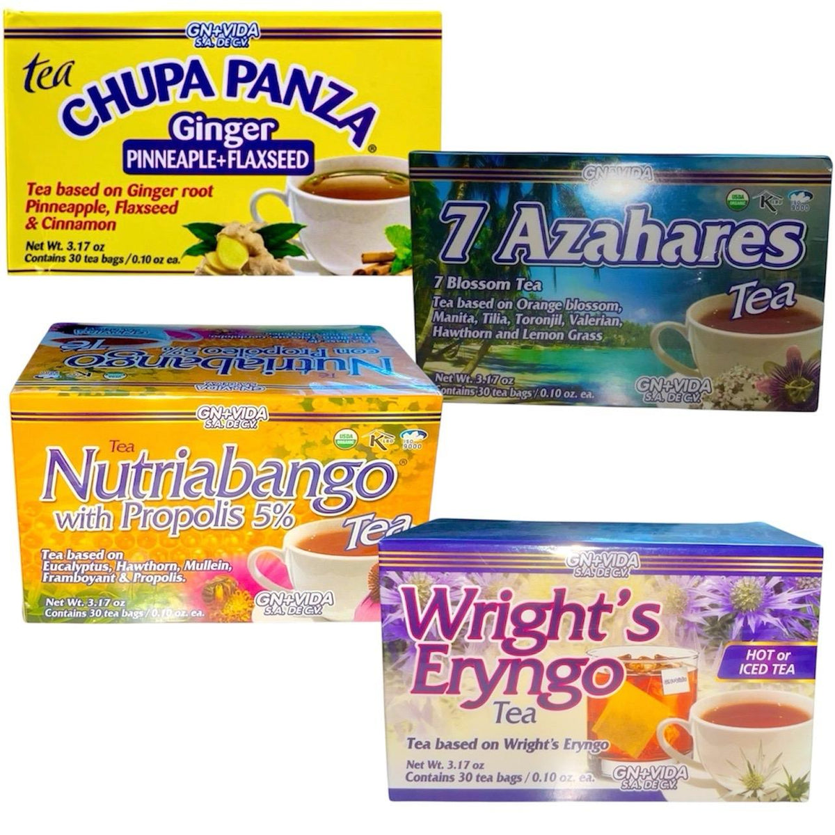 GN+VIDA Ultimate Herbal Tea Bundle – Chupa Panza, 7 Azahares, Nutriabango & Wright's Eryngo – 30 Tea Bags Each