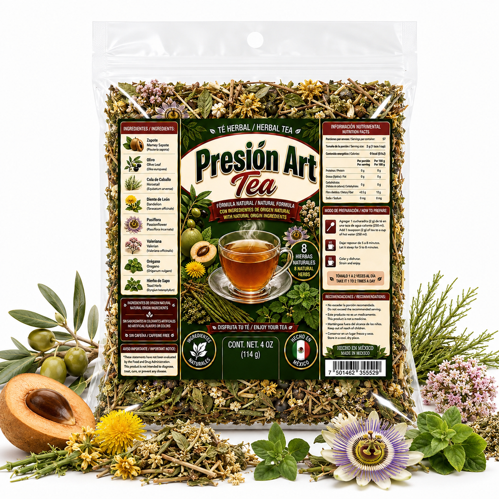 Presion Art Herbal Tea – Caffeine-Free 8-Herb Loose-Leaf Blend with Mamey Sapote, Olive Leaf, Horsetail, Passionflower, Valerian & Oregano, 4 oz