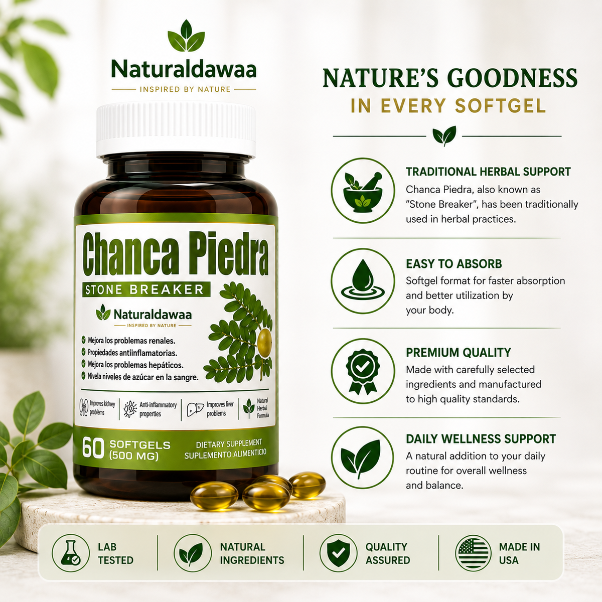 Chanca Piedra Stone Breaker Herbal Dietary Supplement, Traditional Botanical Wellness Formula, 60 Softgels, 500 mg Each
