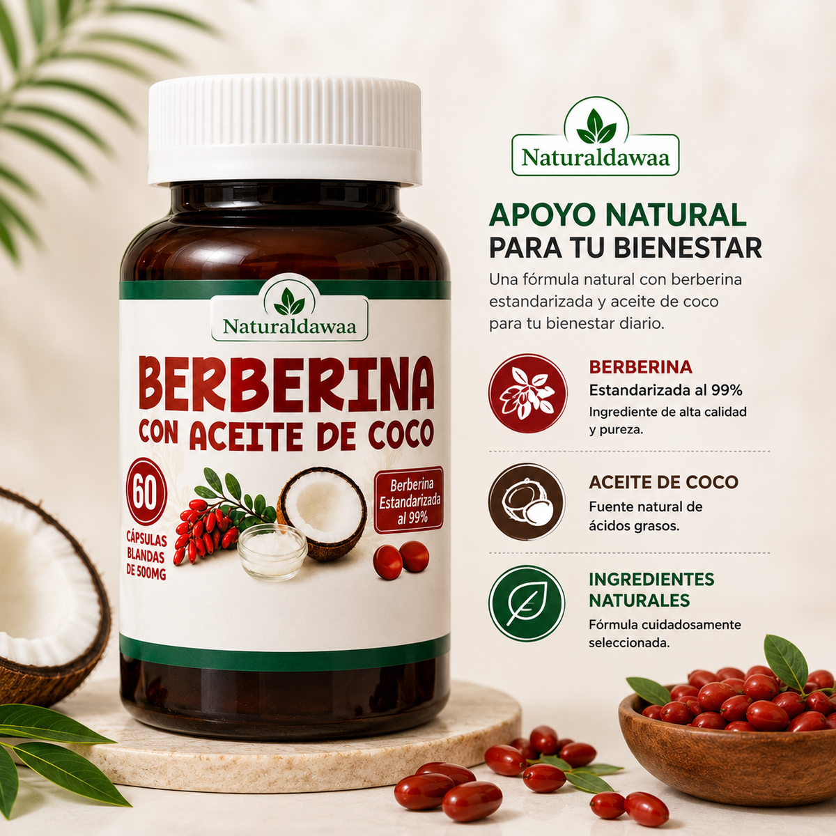 Berberine with Coconut Oil, 99% Standardized Berberine Dietary Supplement, 60 Softgels, 500 mg Each