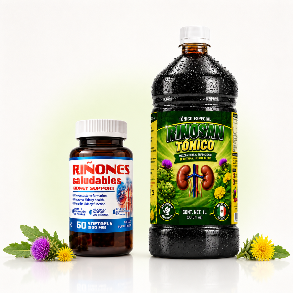 Combo Offer! Riñones Saludables + Rinosan Tónico Herbal Combo – 60 Softgels 500 mg and 1 Liter Traditional Botanical Blend
