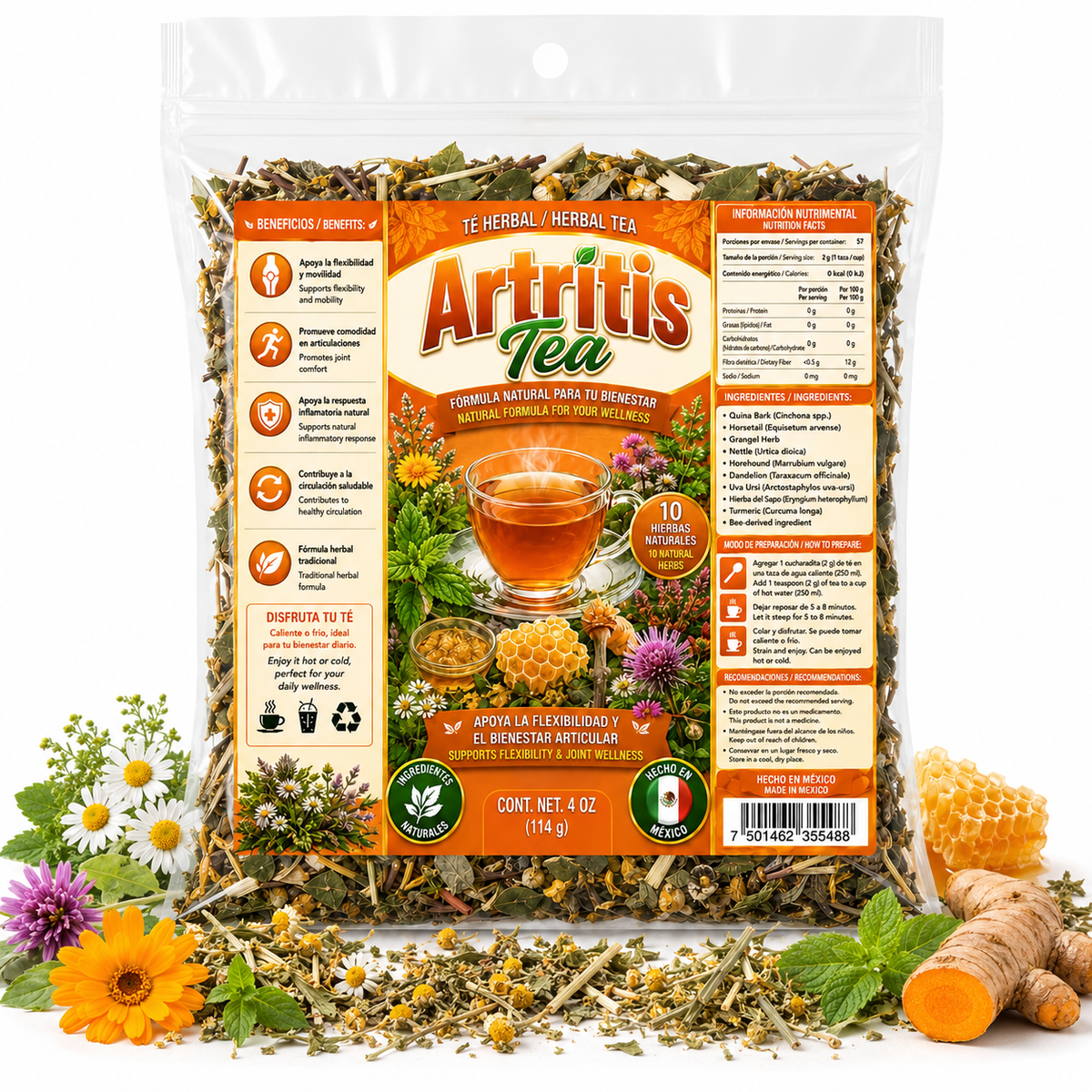 Artritis Herbal Tea – 10-Ingredient Loose-Leaf Blend with Quina Bark, Horsetail, Nettle, Horehound, Dandelion, Turmeric & Bee Ingredient, 4 oz