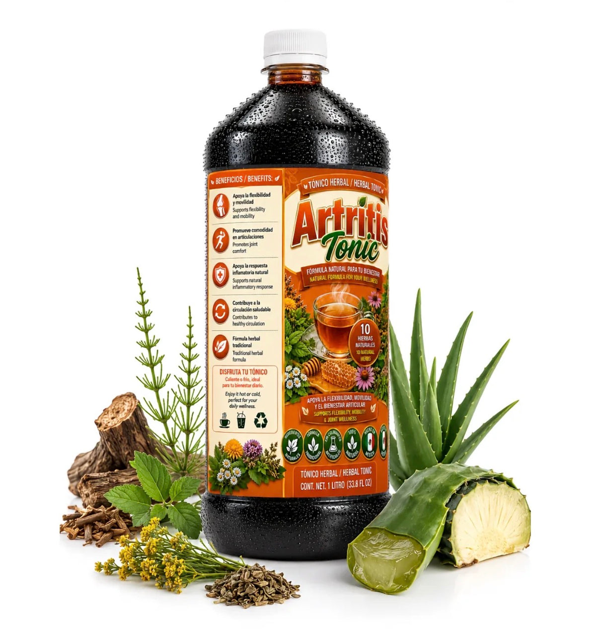 Artritis Tónico Herbal – Traditional Natural Wellness Formula with 10 Herbs, Made in Mexico, 1 Liter (33.8 fl oz)