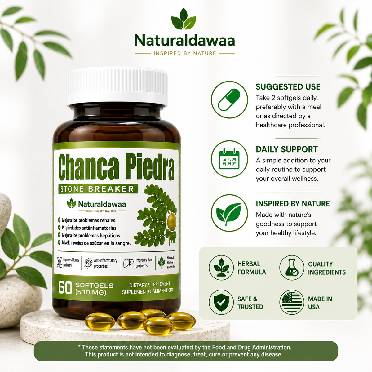 Chanca Piedra Stone Breaker Herbal Dietary Supplement, Traditional Botanical Wellness Formula, 60 Softgels, 500 mg Each