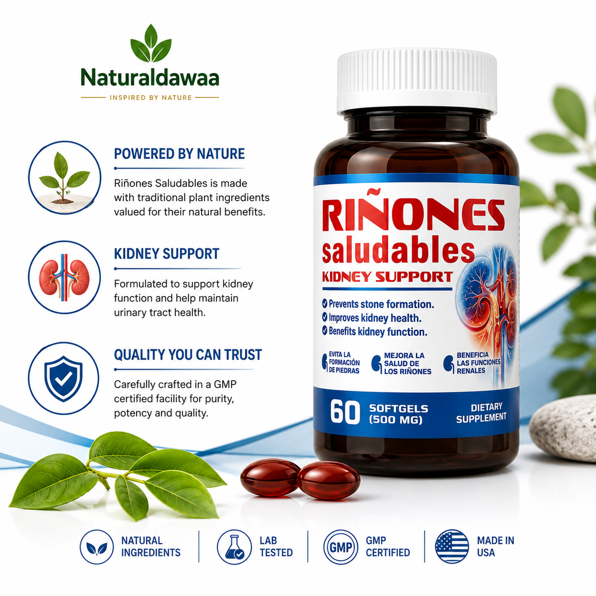 Riñones Saludables Herbal Dietary Supplement, Plant-Based Daily Wellness Formula, 60 Softgels, 500 mg Each