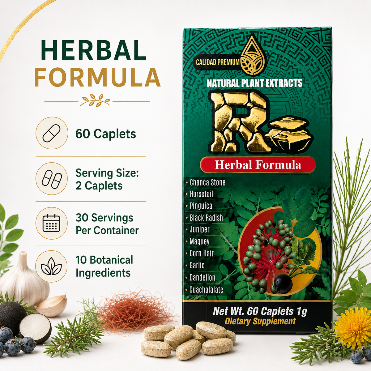 R Herbal Formula Natural Plant Extract Dietary Supplement – 60 Caplets, 1 g – Premium 10-Herb Blend with Chanca Stone, Horsetail & Dandelion