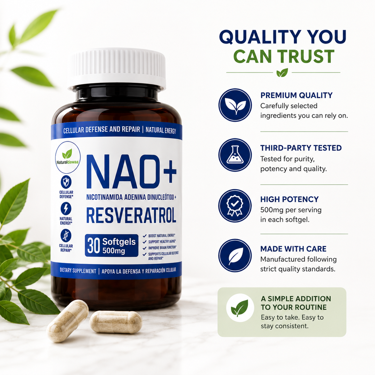 NAD+ with Resveratrol Dietary Supplement, Antioxidant and Cellular Wellness Support, 30 Softgels, 500 mg Each