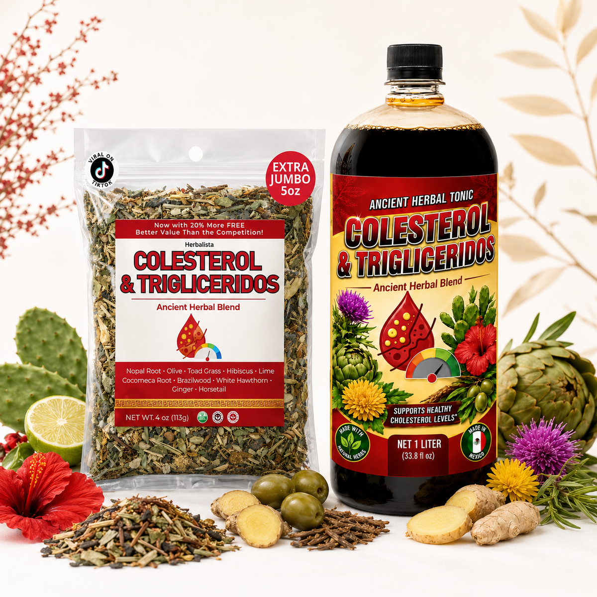 Combo Offer! Colesterol & Triglicéridos Herbal Tea and Tonic Combo – 10-Botanical Blend with Nopal, Hibiscus, Olive and Ginger, 4 oz Tea + 1 Liter Tonic