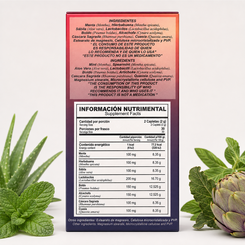 G. OUT Herbal Formula Natural Plant Extract Dietary Supplement – 60 Caplets, 1 g – Mint, Aloe Vera, Artichoke, Boldo & Lactobacilli