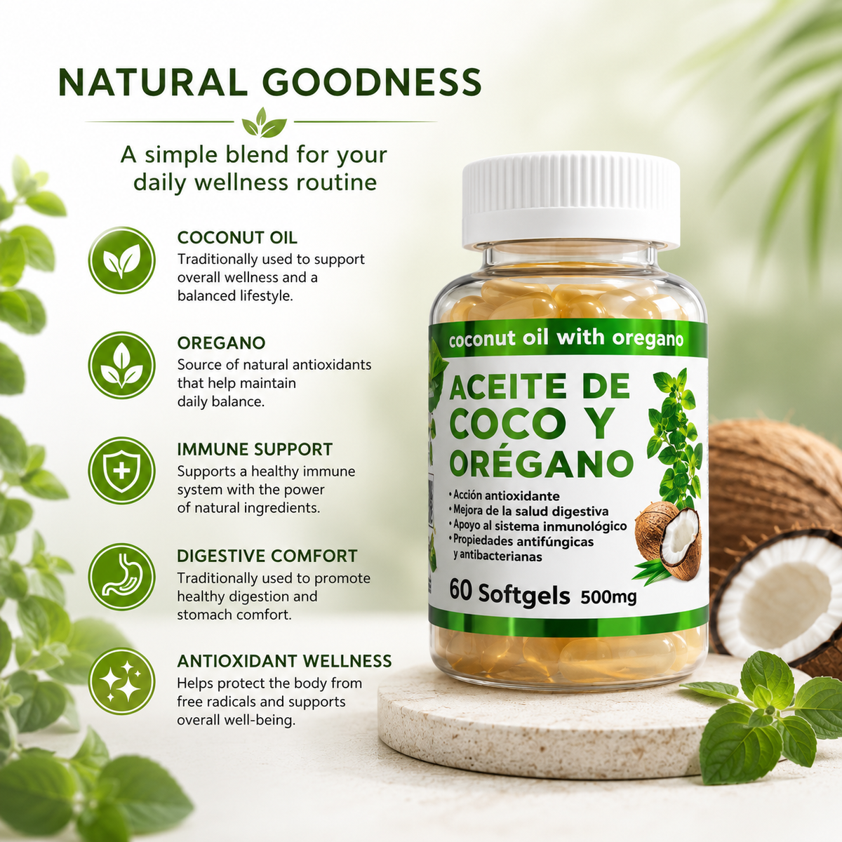 Coconut Oil with Oregano Dietary Supplement, Plant-Based Antioxidant, Digestive and Immune Wellness Support, 60 Softgels, 500 mg Each