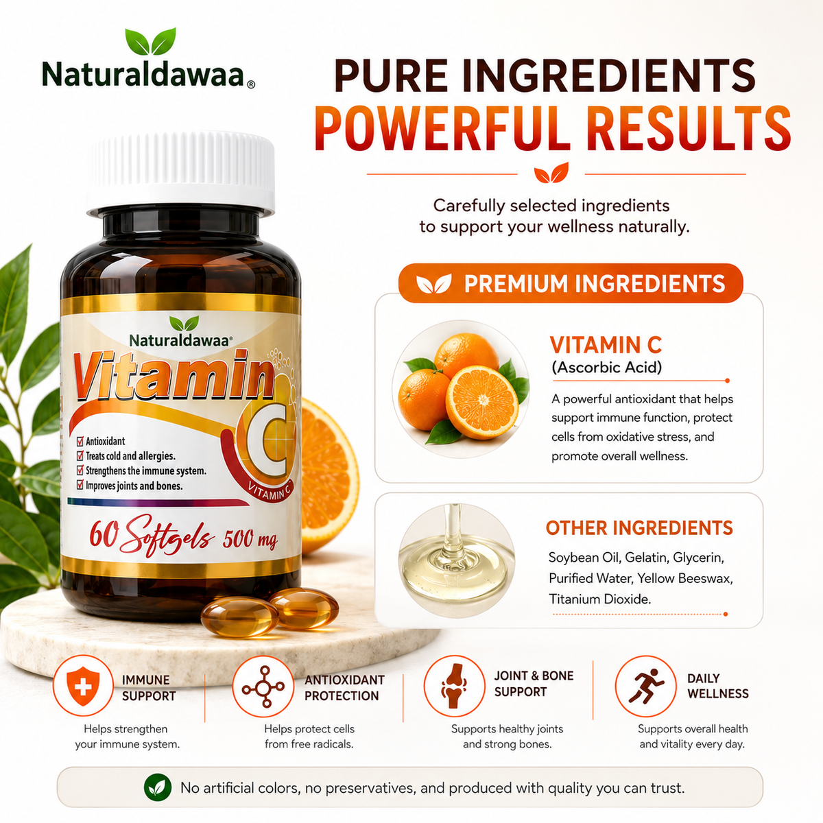 Vitamin C Dietary Supplement, Antioxidant and Immune Wellness Support, 60 Softgels, 500 mg Each