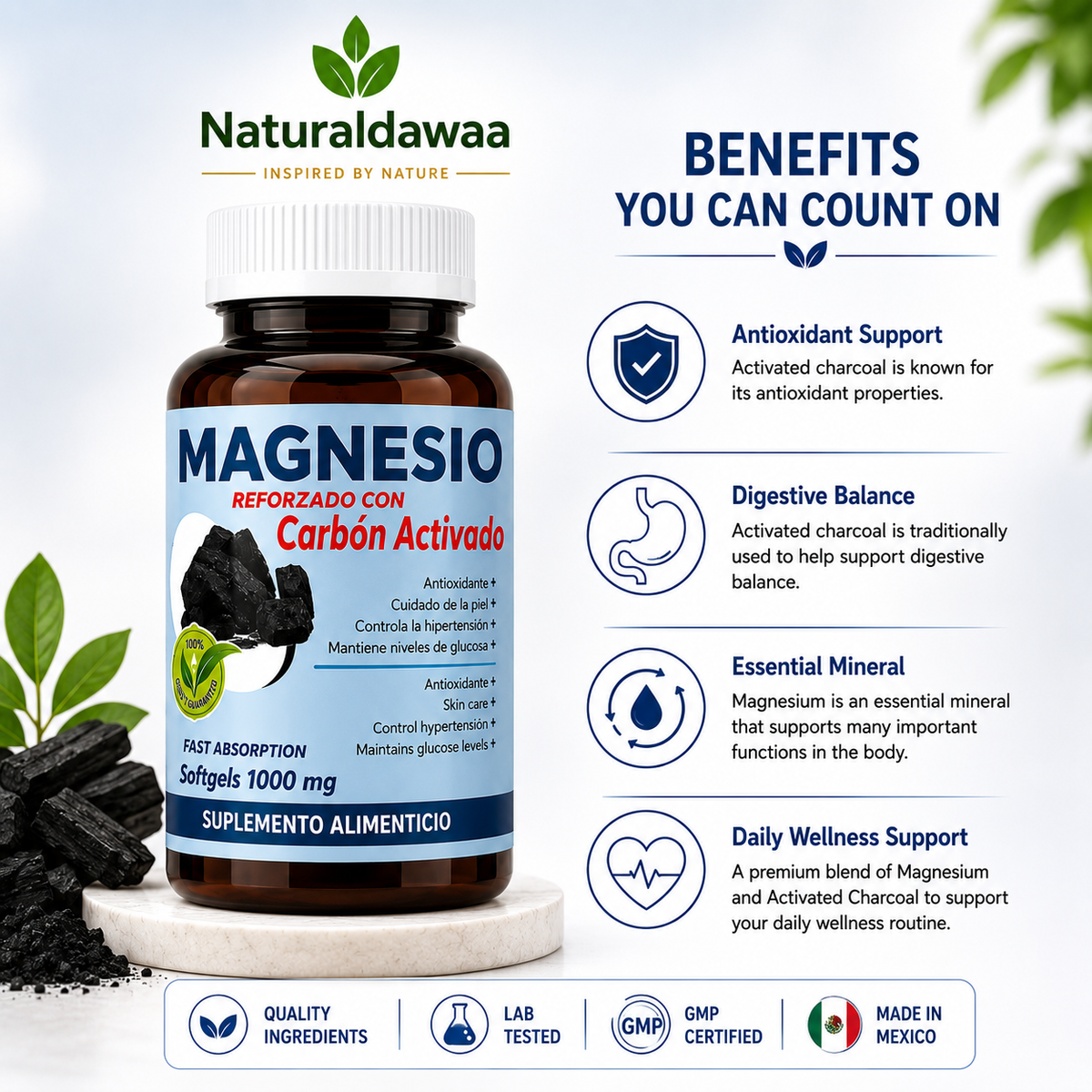 Magnesium with Activated Charcoal Dietary Supplement, Fast-Absorption Softgel Formula, 1,000 mg