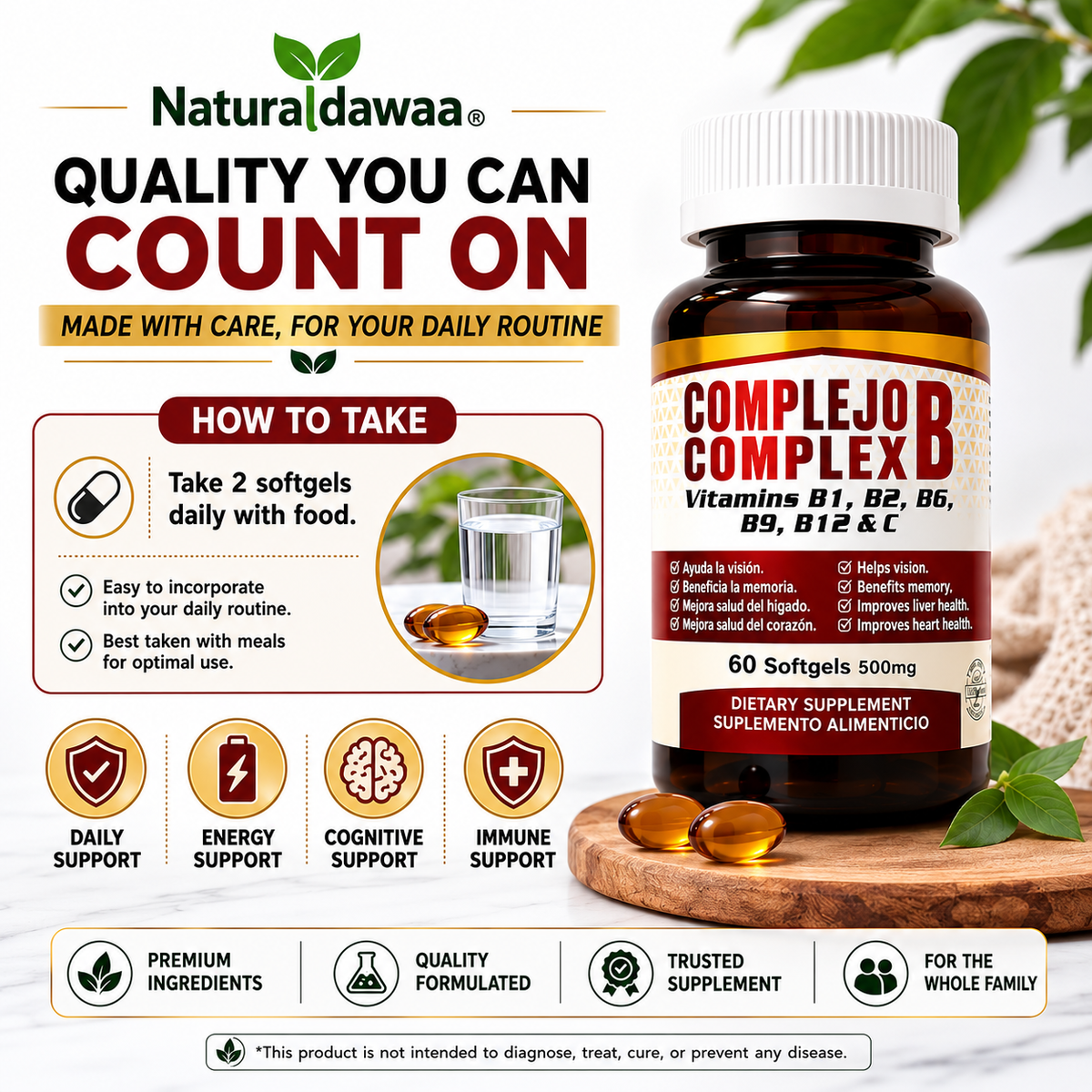 Vitamin B Complex with Vitamins B1, B2, B6, B9, B12 & Vitamin C – 60 Softgels, 500 mg