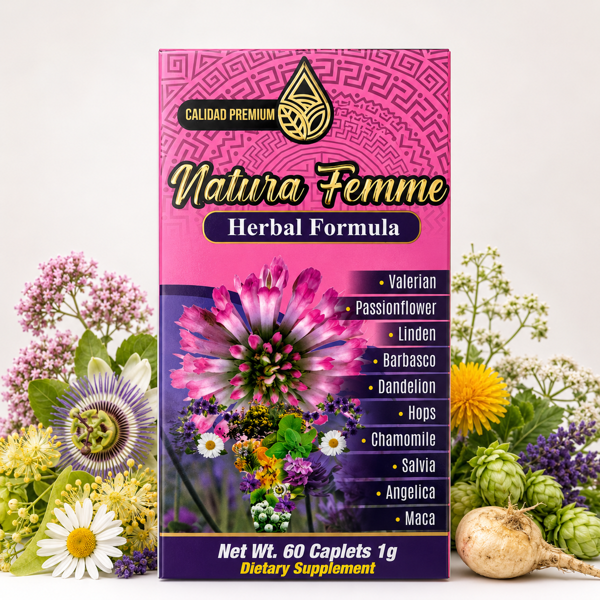 Natura Femme Herbal Formula Dietary Supplement – 60 Caplets, 1 g – 10-Botanical Blend with Valerian, Passionflower, Chamomile, Maca & Angelica