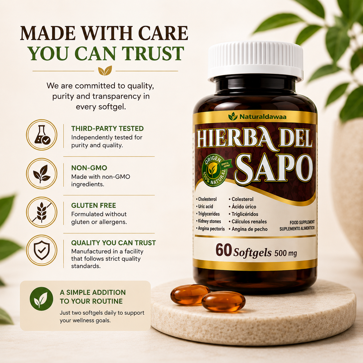 Hierba del Sapo Herbal Dietary Supplement, Traditional Plant-Based Daily Wellness Formula, 60 Softgels, 500 mg Each