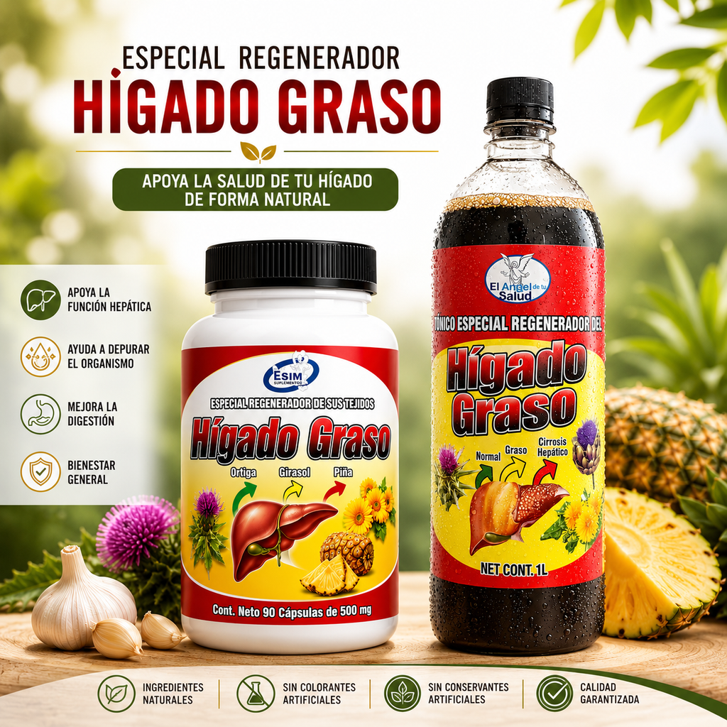 Combo Offer! Higado Graso Herbal Wellness, ESIM 90 Capsules 500 mg Each with El Angel de tu Salud Botanical Tonic, 1 Liter, 2-Piece Set