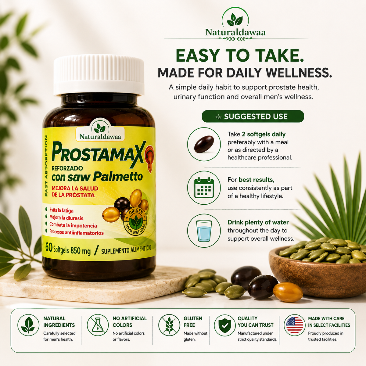 ProstaMax Men’s Wellness Supplement with Saw Palmetto, Daily Prostate and Urinary Function Support, 60 Softgels, 850 mg