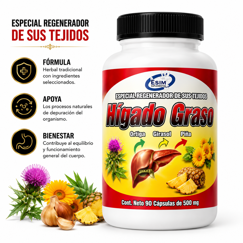 Higado Graso Herbal Dietary Supplement with Nettle, Sunflower and Pineapple, Botanical Wellness Blend, 90 Capsules, 500 mg Each
