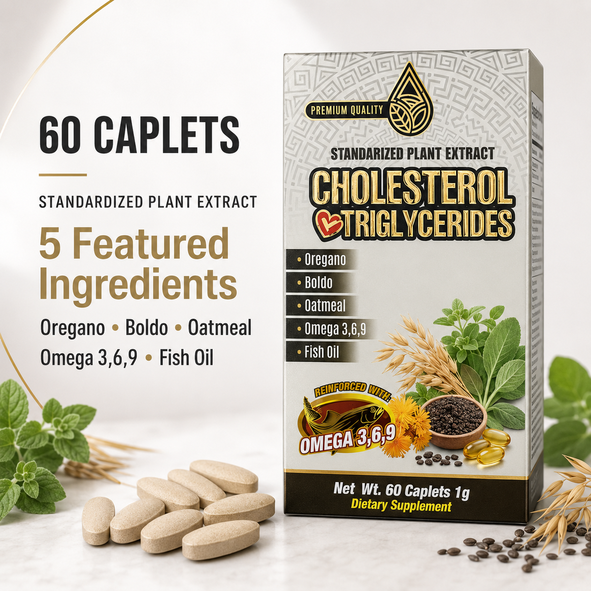 Cholesterol & Triglycerides Standardized Plant Extract Dietary Supplement – 60 Caplets, 1 g – Oregano, Boldo, Oatmeal, Omega 3-6-9 & Fish Oil