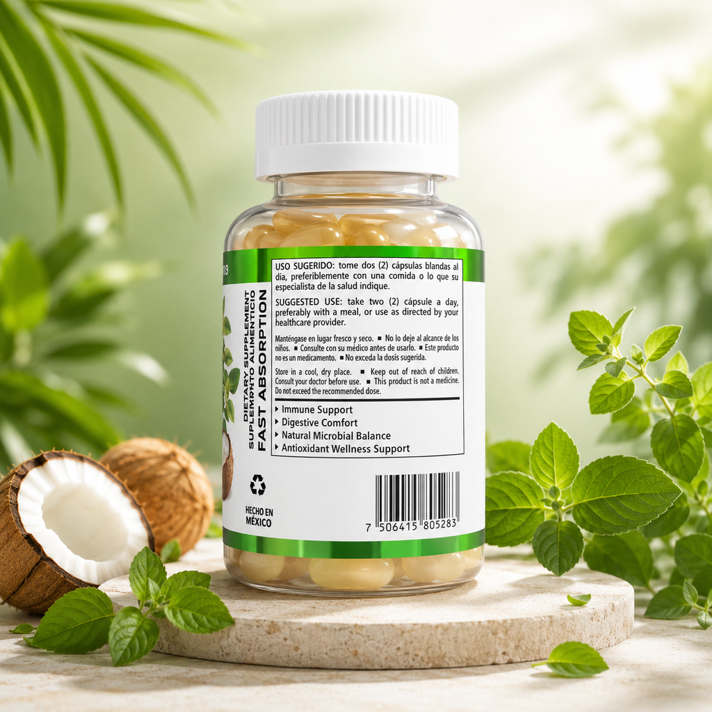 Coconut Oil with Oregano Dietary Supplement, Plant-Based Antioxidant, Digestive and Immune Wellness Support, 60 Softgels, 500 mg Each